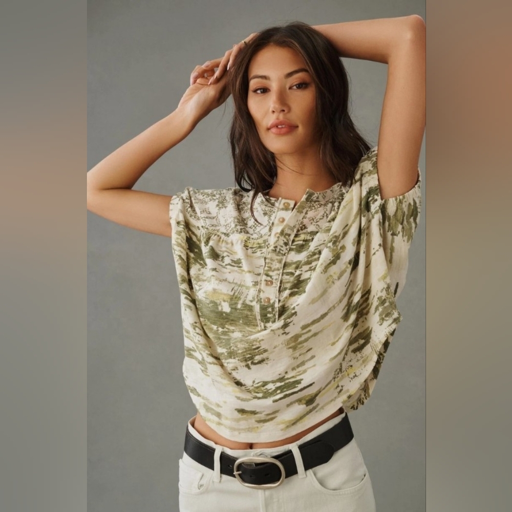 Pilcro Anthropologie Green Cream Ruched Henley Patterned Tshirt Size XXS - Picture 2 of 14